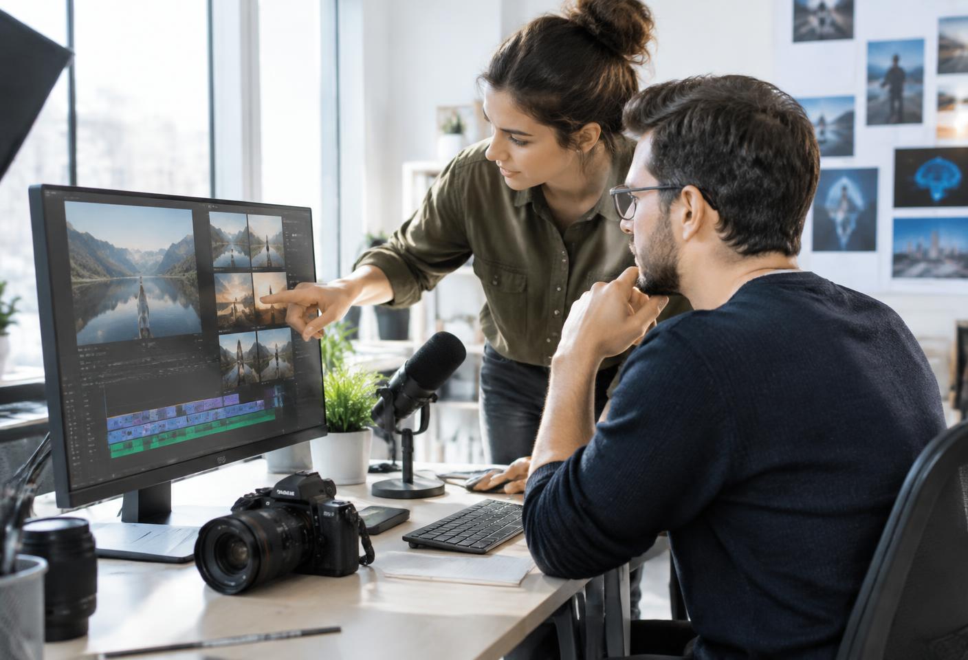 Deux créateurs comparent des séquences vidéo sur un écran